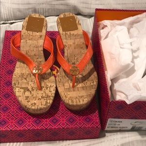 Brand New Orange Cork Tory Burch Wedges